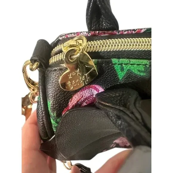 Betsey Johnson Black Multi Color Floral Dome Top Handle Zipper Bag Women - Picture 8 of 10